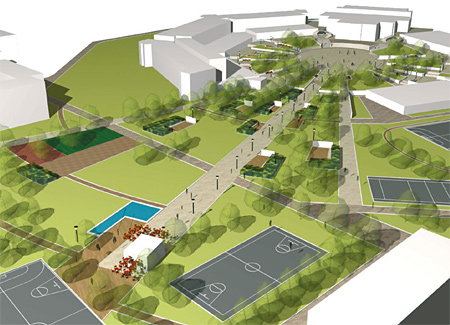Madártávlati kép: belső udvar és közpark (Lépték-Terv Kft.) Madártávlati kép: belső udvar és közpark (Lépték-Terv Kft.)